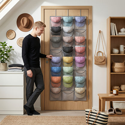 Over The Door Hat Organizer 24 Pocket Baseball Cap Rack with Clear Pockets and 3 Hooks Closet Hat Storage Holder for Hat Display and Protection