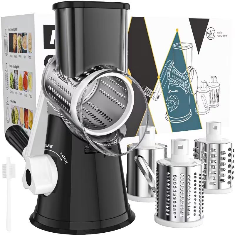 Suction Base Rotary Cheese Grater Hand Crank 3 Stainless Steel Blades BPA Free Touch-Free Shredder for Cheese Vegetables Nuts with Cleaning Brush Multi Color