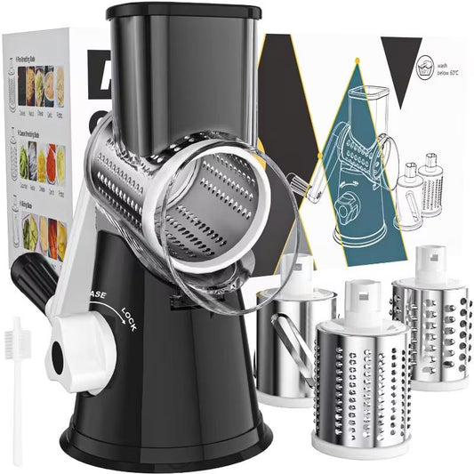 Suction Base Rotary Cheese Grater Hand Crank 3 Stainless Steel Blades BPA Free Touch-Free Shredder for Cheese Vegetables Nuts with Cleaning Brush Multi Color