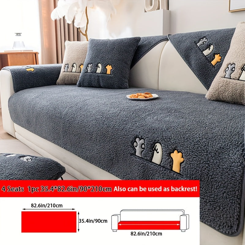 Sofa Cover Plush Shearling Non-Slip Pet-Friendly – Thick Couch Protector with Animal Bone Embroidery for 2 3 4 Seater, Soft Warm Slipcover for Living Room Bedroom Office in Dark Gray Off White Coffee Black