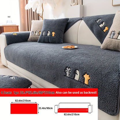 Sofa Cover Plush Shearling Non-Slip Pet-Friendly – Thick Couch Protector with Animal Bone Embroidery for 2 3 4 Seater, Soft Warm Slipcover for Living Room Bedroom Office in Dark Gray Off White Coffee Black