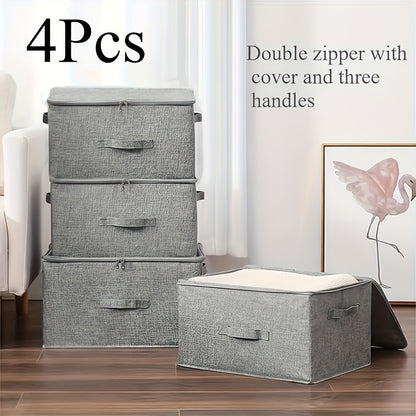 Waterproof Cationic Storage Boxes 4 Pack Extra Large with Dual Zippers & 3 Handles – Foldable Bed Sheet Organizer for Wardrobe Bedroom Closet Clothes Blankets Books