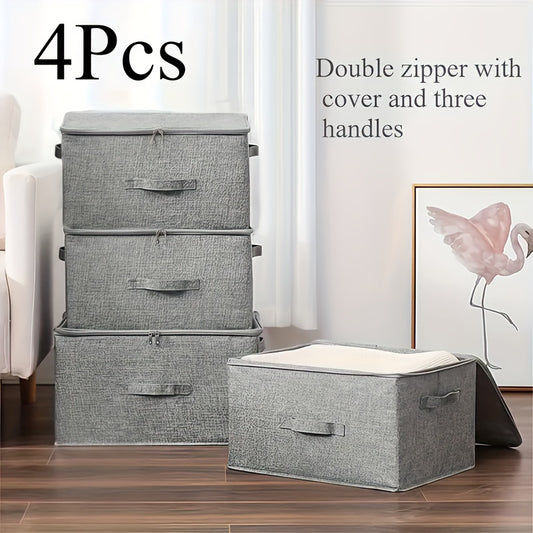 Waterproof Cationic Storage Boxes 4 Pack Extra Large with Dual Zippers & 3 Handles – Foldable Bed Sheet Organizer for Wardrobe Bedroom Closet Clothes Blankets Books
