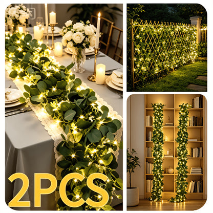 Lighted Eucalyptus Wreath 2-Pack 6FT Artificial Green Vine with LED Lights - Faux Eucalyptus Garland for Table Runner Wedding Centerpiece Backdrop Wall Decor Party Home Decoration Warm White