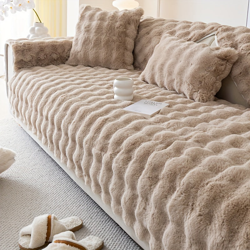 Faux Rabbit Plush Sofa Cover Winter Warm Thickened Anti-Slip Furniture Protector – Soft Pet-Friendly Couch Cover for Living Room Bedroom Office, 4 Colors