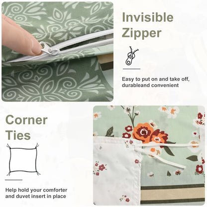 Floral Print Duvet Cover Set 3-Piece Kids Bedding with Zipper Closure, Patchwork Pastoral Style Comforter Cover + 2 Pillowcases, All-Season Lightweight, Twin Full Queen King – No Insert