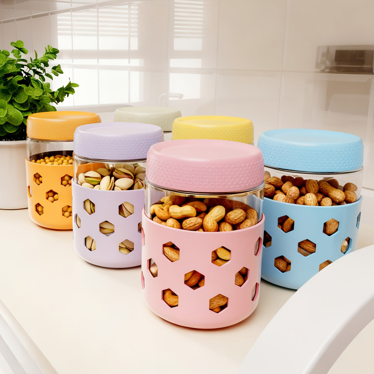 Airtight Glass Food Storage Jars with Silicone Sleeves 6 Pack – 16oz Moisture-Proof Pantry Canisters for Tea Grains Nuts Snacks & Yogurt, Leak-Proof Kitchen Organization Containers with Lids