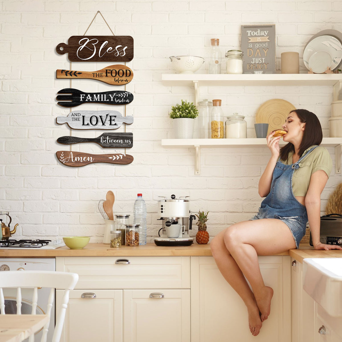 Farmhouse Kitchen Wall Decor Wood Sign Set – Bless The Food Before Us Rustic Dining Room Hanging Wall Art Rope Plaque, 6 Pieces Wood Board