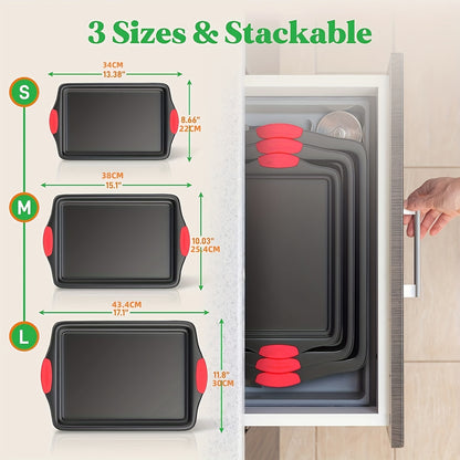 Nonstick Baking Pan Set 3 or 9 Piece – Carbon Steel Sheet Pans Oven Safe with Red Silicone Handles for Home Baking