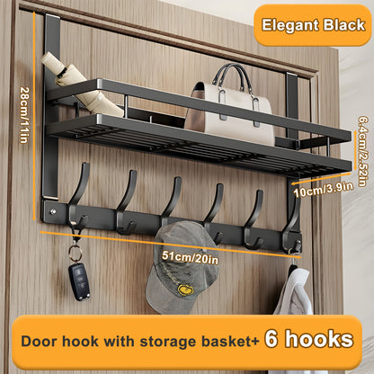 Behind Door Hook Rack No Drill – Heavy Duty Metal Door Hanger Organizer with 5 6 or 8 Hooks, Space-Saving Storage for Clothes Bags Keys, Bedroom Bathroom Entryway Wardrobe, Modern Design
