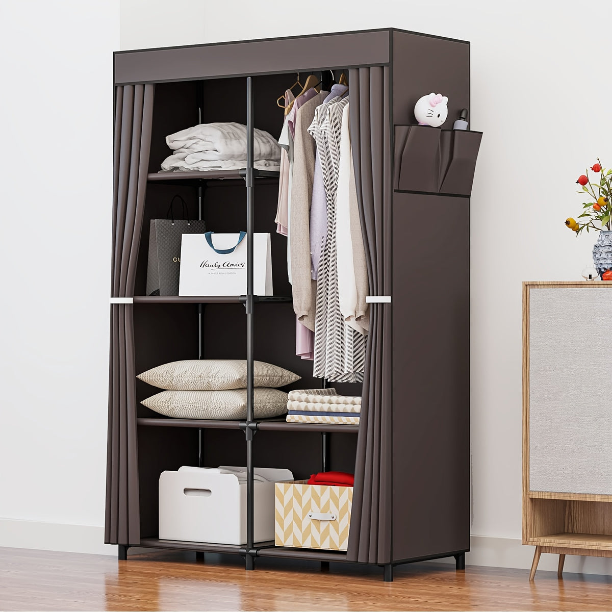 Portable Wardrobe Closet Organizer 51 Inch – Metal Hanging Rack with Non-Woven Fabric Cover, Freestanding Clothes Storage for Bedroom Apartment Dorm