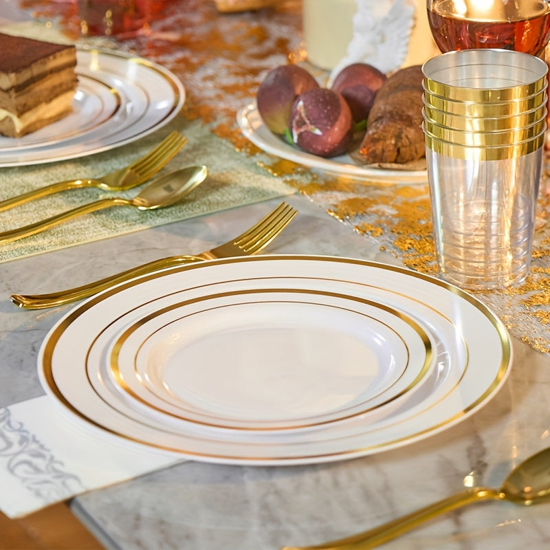 Disposable Plates for Parties 350/700 Piece Dinnerware Set with Dinner Plates, Salad Plates, Cups, Cutlery & Napkins – Gold & Silver for Wedding, Birthday, Graduation, Holiday Celebrations