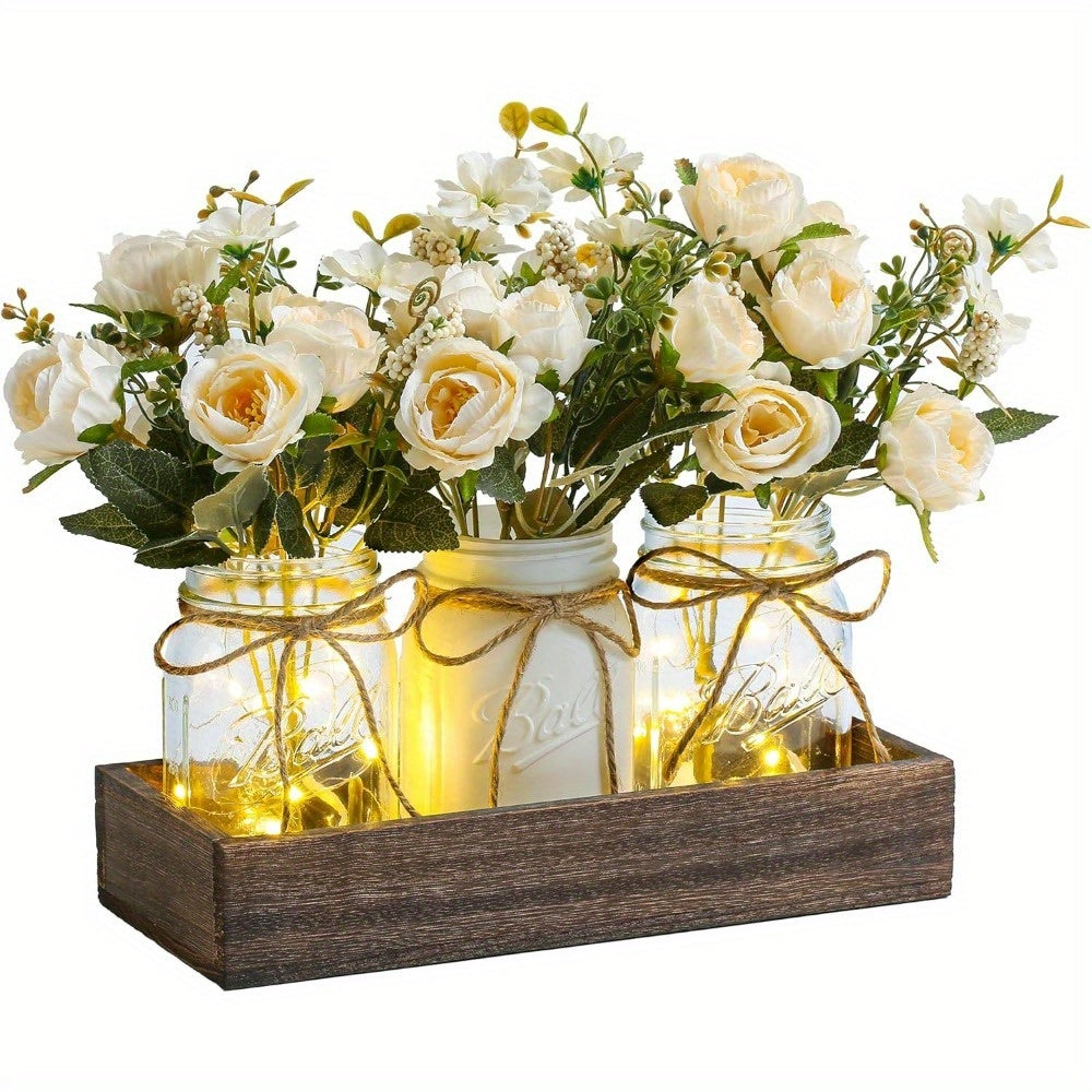 Mason Jar Centerpiece Table Decorations with Wood Tray & LED Lights – 3pcs Farmhouse Dining Room Coffee Table Decor Set for Kitchen Living Room Bathroom, Pink