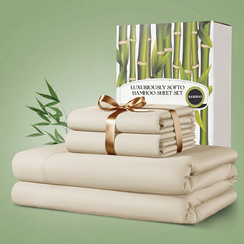 Bamboo Bed Sheet Set 4 Piece 2200TC Cooling Fabric Deep Pocket Fitted Sheet Ultra Soft Breathable for Hot Sleepers Twin Full Queen King Shrink Fade Wrinkle Resistant Hotel Quality Multiple Colors