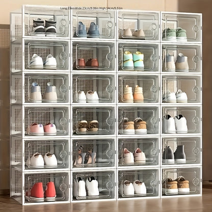 Stackable Shoe Boxes Clear Plastic with Lid Foldable Sneaker Storage Organizer – Space-Saving Transparent Shoe Rack Containers for Entryway & Bedroom, 6, 12 & 24 Pack in White, Black & Grey