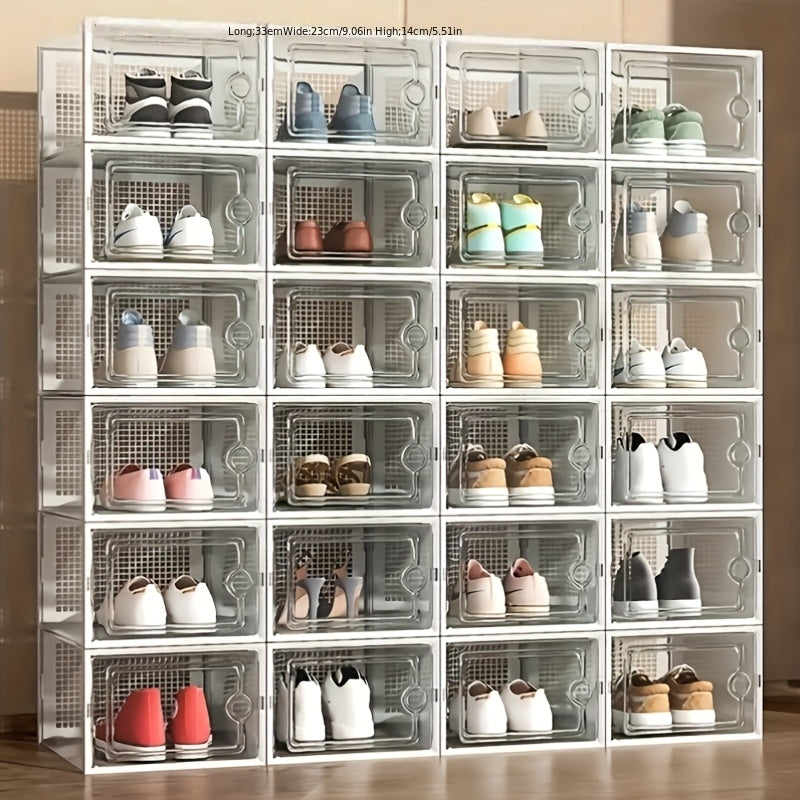 Stackable Shoe Boxes Clear Plastic with Lid Foldable Sneaker Storage Organizer – Space-Saving Transparent Shoe Rack Containers for Entryway & Bedroom, 6, 12 & 24 Pack in White, Black & Grey