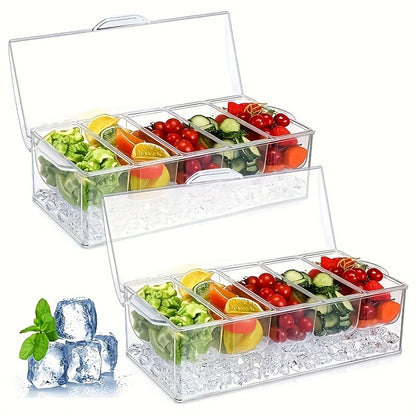 Portable Fruit Serving Tray with Lid & 5 Compartments - Chilled Salad Bowl with 5 Forks & 2 Tongs, Detachable Party Platter for Entertainment, Bar Decor & Buffet Serving