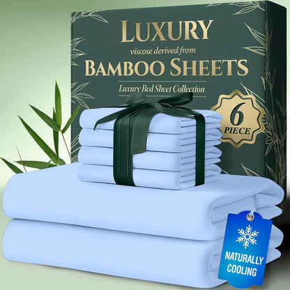 Bamboo Cooling Bed Sheets 6 Piece Set - 17 Inch Deep Pocket Fitted Sheet for Hot Sleepers, Cloud-Soft Luxury Flat Sheet & Pillowcases, Twin Full Queen King, Breathable Hypoallergenic Bedroom Bedding