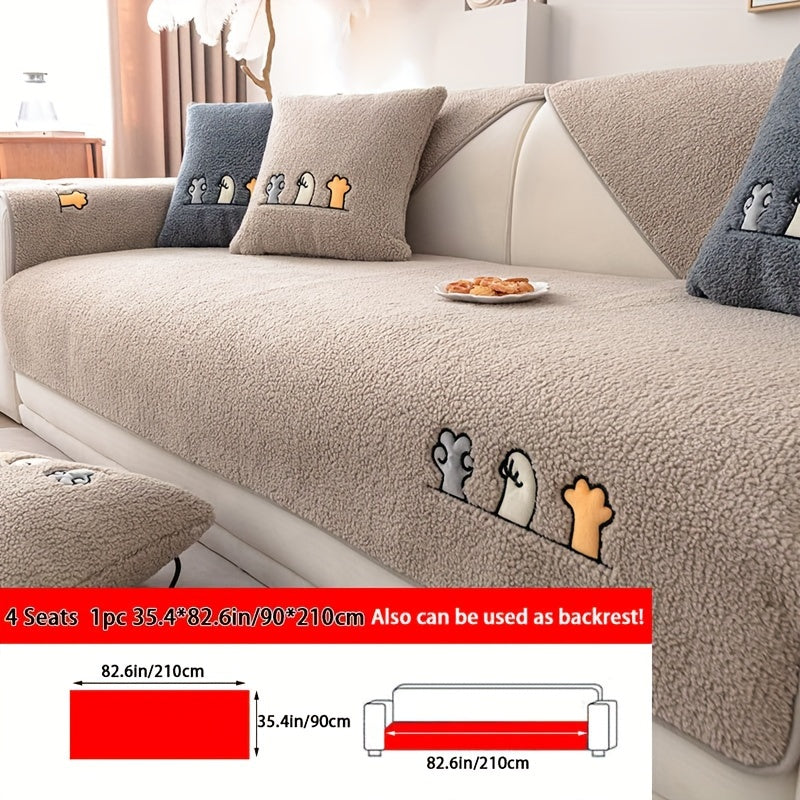 Sofa Cover Plush Shearling Non-Slip Pet-Friendly – Thick Couch Protector with Animal Bone Embroidery for 2 3 4 Seater, Soft Warm Slipcover for Living Room Bedroom Office in Dark Gray Off White Coffee Black