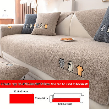 Sofa Cover Plush Shearling Non-Slip Pet-Friendly – Thick Couch Protector with Animal Bone Embroidery for 2 3 4 Seater, Soft Warm Slipcover for Living Room Bedroom Office in Dark Gray Off White Coffee Black