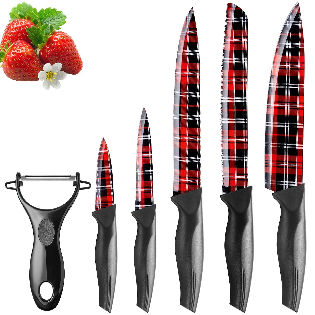 Kitchen Knife Set 6 Piece High Carbon Stainless Steel Sharp Chef Knife Bread Knife Scissors Sharpener Anti-Slip Handle Dishwasher Safe, Colorful Phoenix Pattern Knife Set Gift for Women