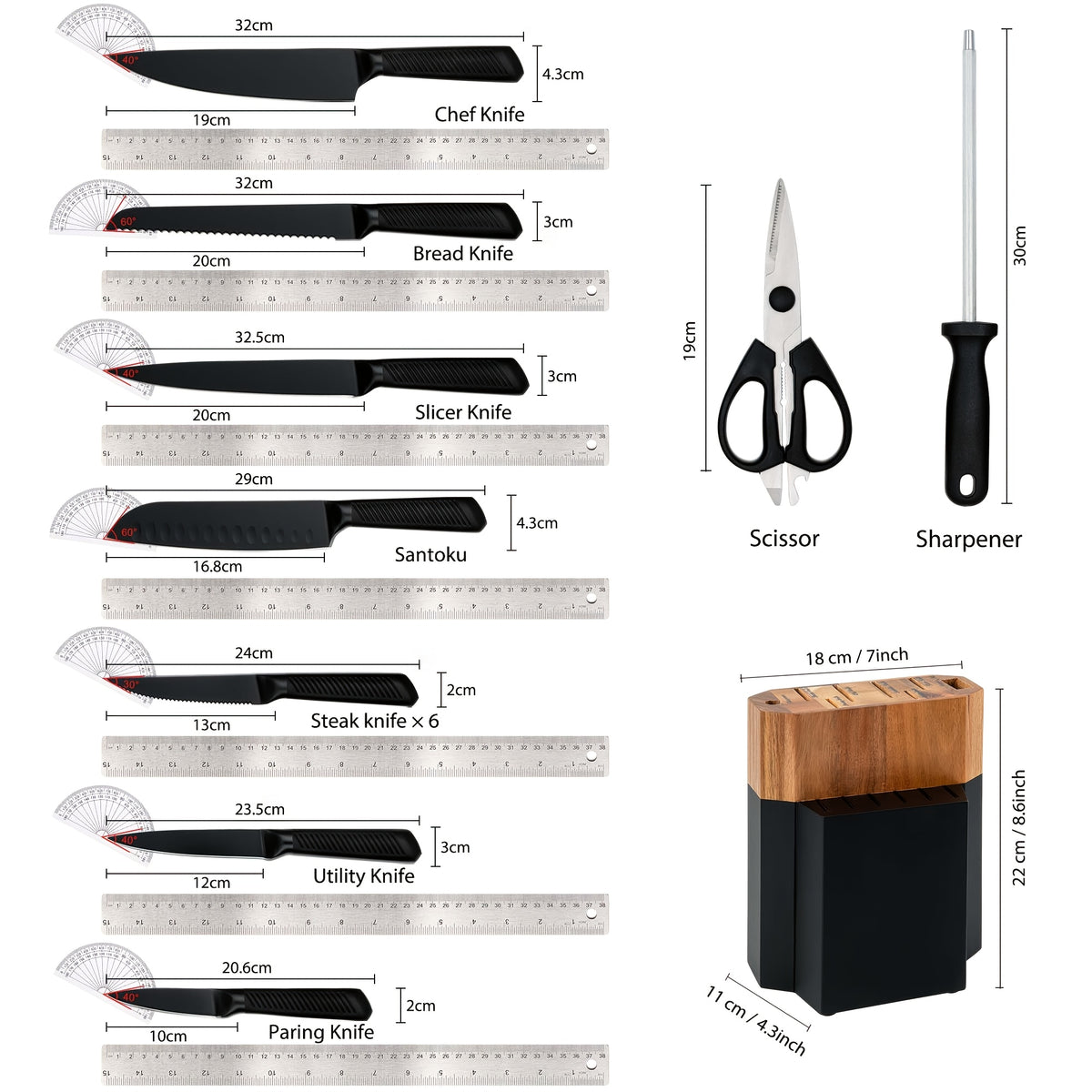 Knife Block Set with Self Sharpener 15pcs Hammered Stainless Steel Chef Knife Set with Wooden Block Steak Knives Self Sharpening Kitchen Knives Gift for Men Family