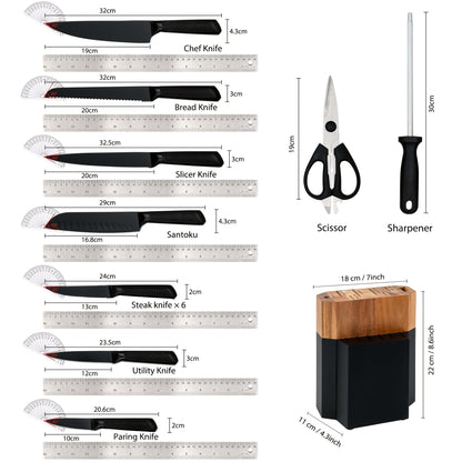 Knife Block Set with Self Sharpener 15pcs Hammered Stainless Steel Chef Knife Set with Wooden Block Steak Knives Self Sharpening Kitchen Knives Gift for Men Family