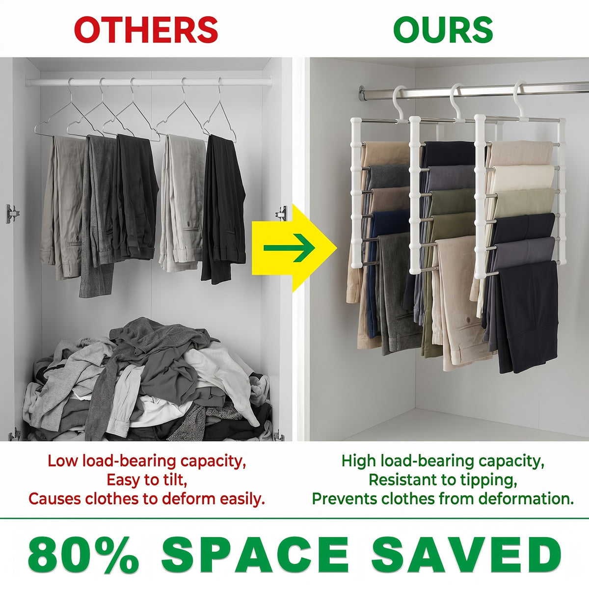 Multi-Layer Pants Hanger Space Saving Closet Organizer – Stainless Steel Non-Slip Stackable Hanger for Pants, Jeans, Trousers, Scarves & Ties – 3 or 7 Pack Wardrobe Storage