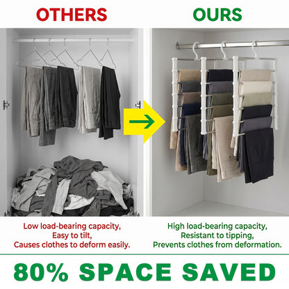 Multi-Layer Pants Hanger Space Saving Closet Organizer – Stainless Steel Non-Slip Stackable Hanger for Pants, Jeans, Trousers, Scarves & Ties – 3 or 7 Pack Wardrobe Storage