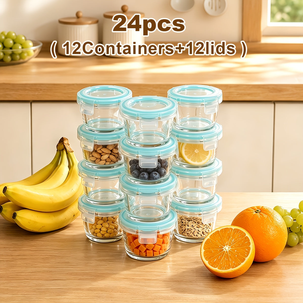 Glass Food Storage Containers with Lids 24 Piece Set - Airtight Leak-Proof Meal Prep Containers, Microwave Oven Freezer Dishwasher Safe Glass Lunch Bento Boxes for Kitchen & Pantry