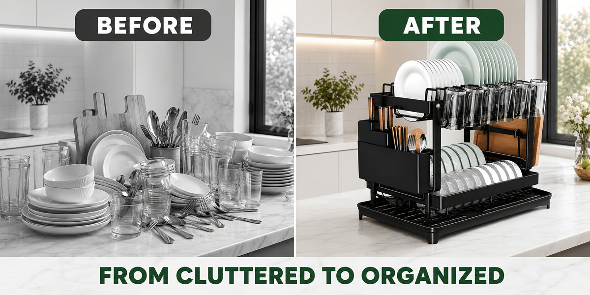 Metal Dish Drying Rack 2 Tier with Drainboard – Rust-Resistant Countertop Dish Drainer, Space-Saving Kitchen Organizer for Plates Cups Utensils, Available in Gray White Black