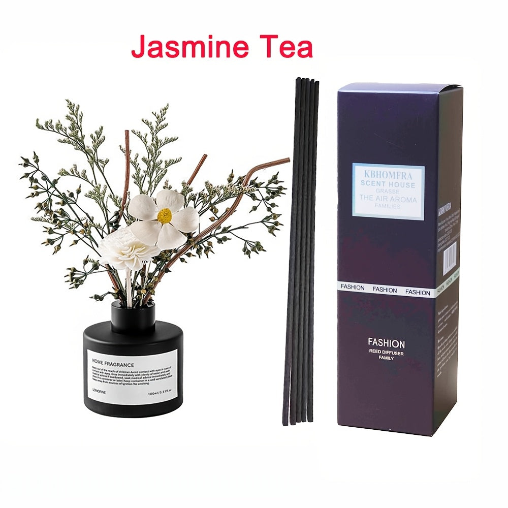Reed Diffuser with Real Dried Flowers and Sticks, 5oz Aromatherapy Home Fragrance Scent Oil Diffuser for Bathroom Bedroom Living Room, Gardenia Jasmine Sandalwood Citrus Scents, Elegant Gift Set