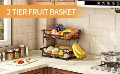 Countertop Fruit Basket 2/3-Tier with Banana Hangers – Detachable Metal Kitchen Organizer for Bread, Vegetables & Fruits, Large Capacity Rectangular Stand with Wooden Handle, Black