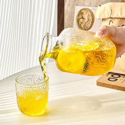 Glass Carafe Bedside Water Set with Cup - Modern Transparent Quartz Glass Kettle & Mouthwash Decanter for Bedroom Nightstand, Night Drink Pitcher, Valentine's Day Home Gift, Ice Pattern & Sunflower