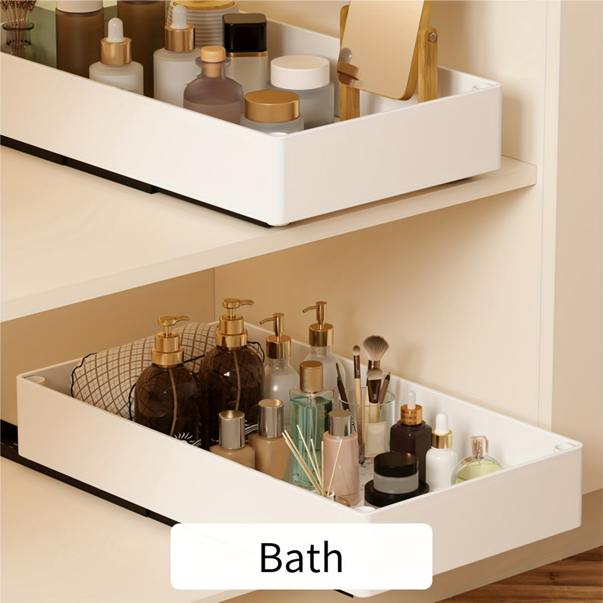 Slide-Out Cabinet Organizer 2 Pack, No-Drill Pull Out Shelf for Kitchen Pantry Bathroom, Retractable Under Sink Storage Rack, Removable Sliding Bin Drawer Organizer for Cabinets