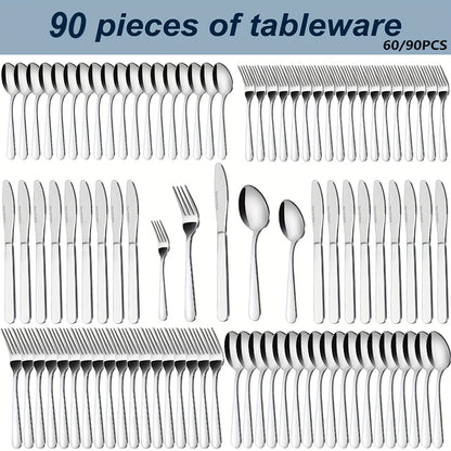 Stainless Steel Silverware Set 60 & 90 Piece – Flatware Cutlery Set for 12 or 18, Includes Steak Knives, Salad Forks & Dessert Spoons, Gift Box, Dishwasher Safe
