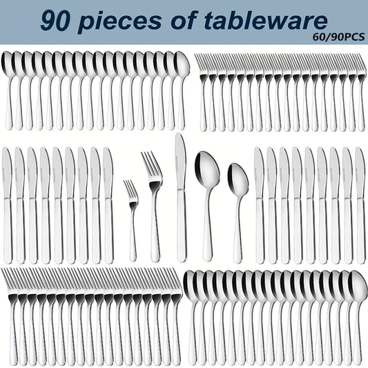 Stainless Steel Silverware Set 60 & 90 Piece – Flatware Cutlery Set for 12 or 18, Includes Steak Knives, Salad Forks & Dessert Spoons, Gift Box, Dishwasher Safe
