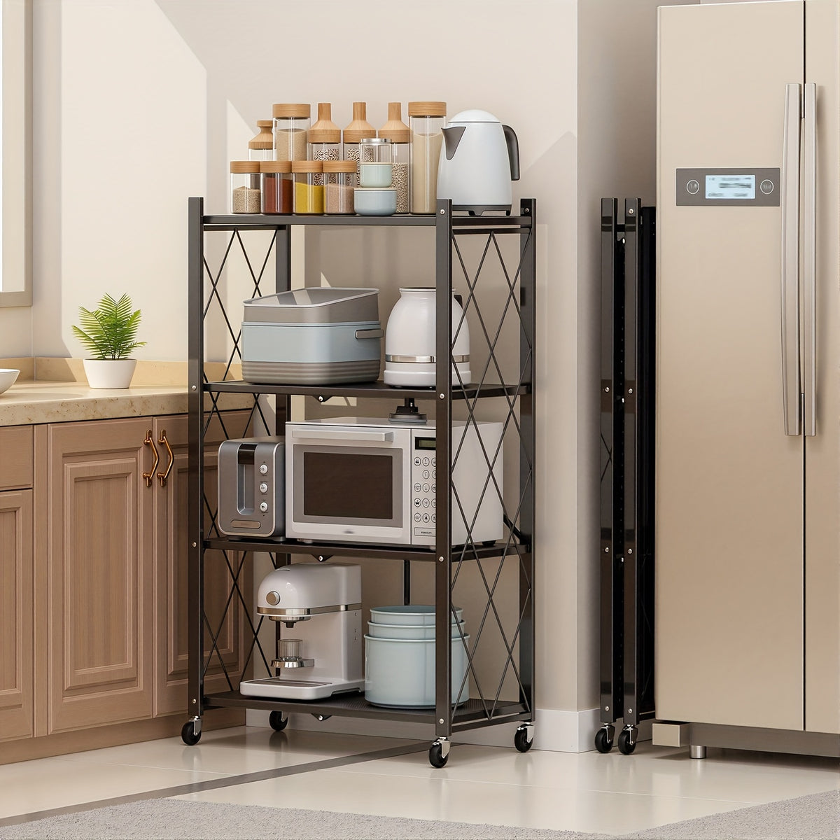 Portable Storage Rack with Lockable Wheels, 3 or 4 Tier Foldable Shelving Unit, Carbon Steel Floor Standing Shelf for Bedroom Bathroom Balcony Garden, No Assembly Required, Space Saving Rolling Organizer