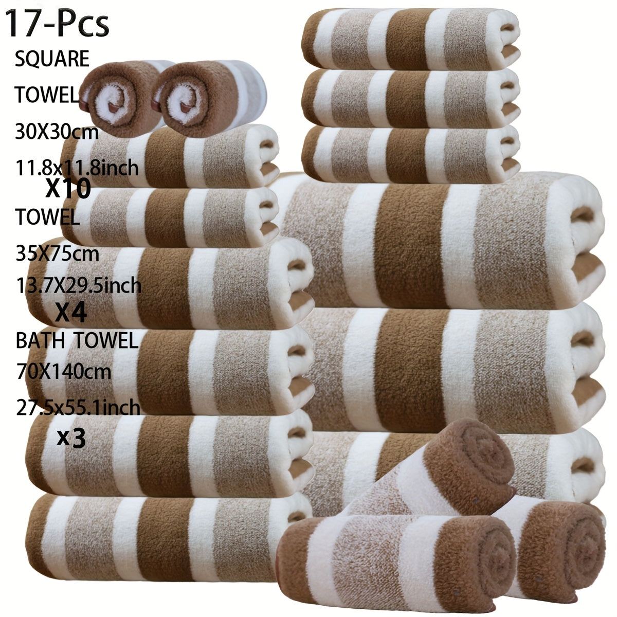17 Pcs Bath Towel Set Quick-Dry Highly Absorbent Soft Coral Fleece Towels - Multi-Size Family Bathroom Towels with Hanging Loops for Home Hotel Spa, Plush & Durable, Navy Striped Design