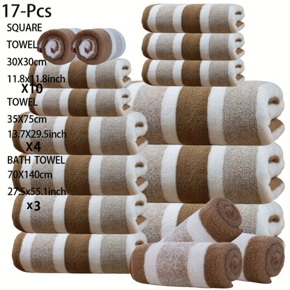 17 Pcs Bath Towel Set Quick-Dry Highly Absorbent Soft Coral Fleece Towels - Multi-Size Family Bathroom Towels with Hanging Loops for Home Hotel Spa, Plush & Durable, Navy Striped Design