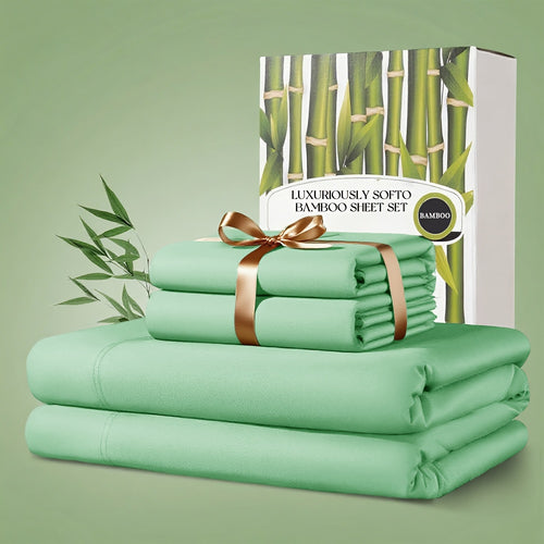 Bamboo Bed Sheet Set 4 Piece 2200TC Cooling Fabric Deep Pocket Fitted Sheet Ultra Soft Breathable for Hot Sleepers Twin Full Queen King Shrink Fade Wrinkle Resistant Hotel Quality Multiple Colors