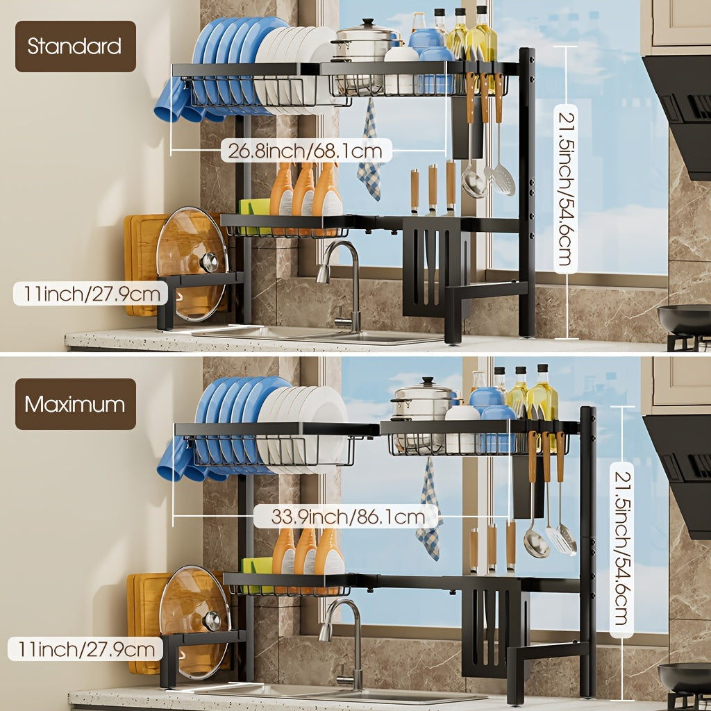Over Sink Dish Drying Rack 2 Tier Expandable - 304 Stainless Steel Kitchen Dish Rack with Drainage Tray Utensil Holder Knife Holder Cutting Board Holder, Adjustable 30-34 Inch Black