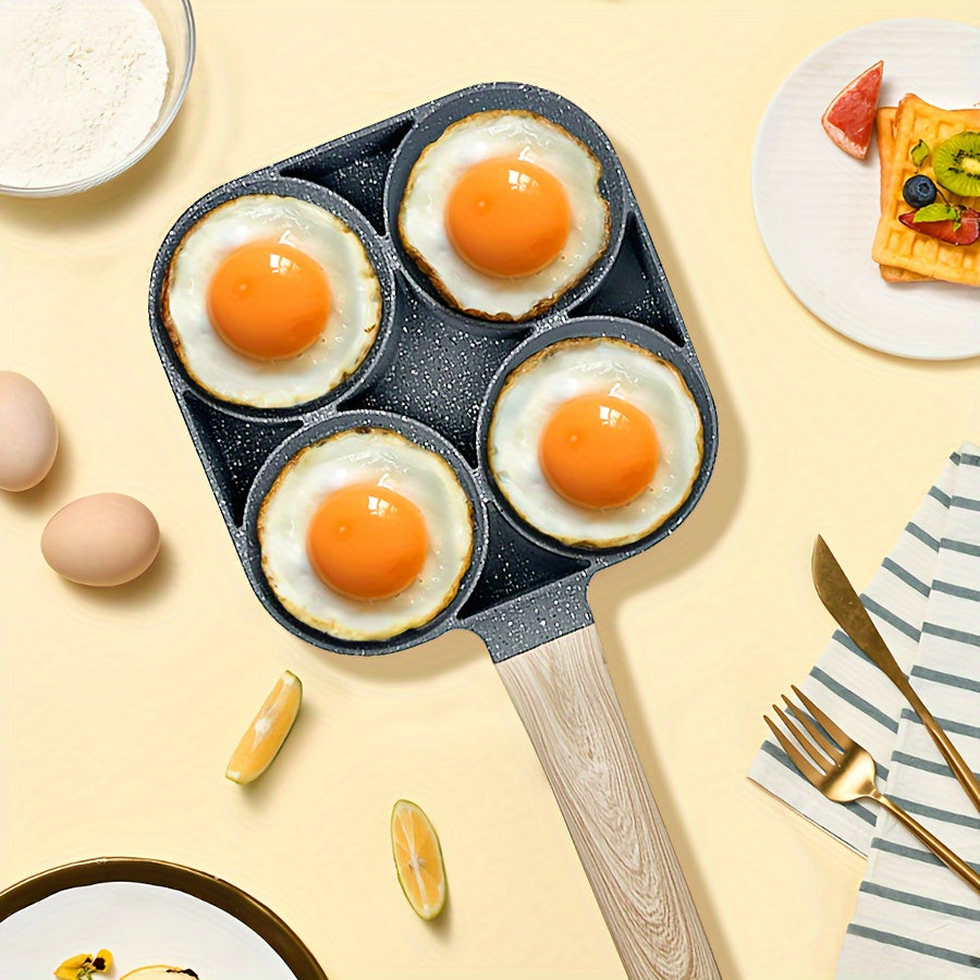 Non-Stick Breakfast Skillet Set – 4-Hole Egg Pan & 5-Piece Cookware Set with Heat-Resistant Wooden Handle for Eggs, Burgers & Omelettes, Easy Clean, Perfect for Home Kitchen Cooking