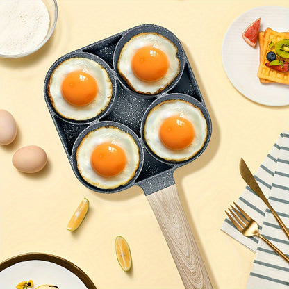 Non-Stick Breakfast Skillet Set – 4-Hole Egg Pan & 5-Piece Cookware Set with Heat-Resistant Wooden Handle for Eggs, Burgers & Omelettes, Easy Clean, Perfect for Home Kitchen Cooking