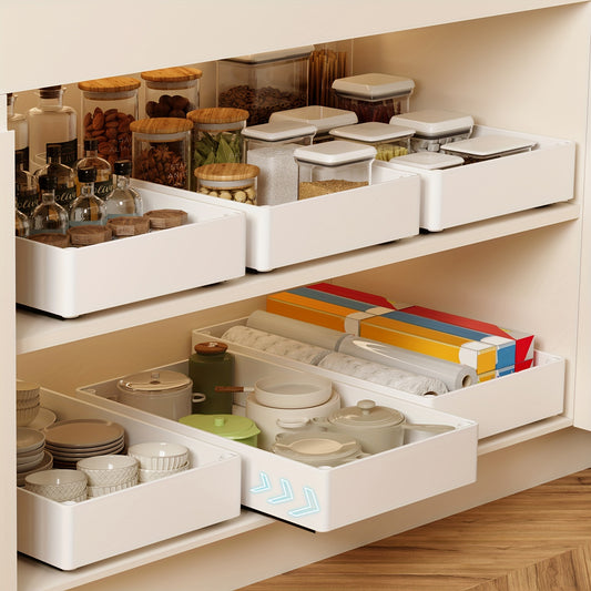 Slide-Out Cabinet Organizer 2 Pack, No-Drill Pull Out Shelf for Kitchen Pantry Bathroom, Retractable Under Sink Storage Rack, Removable Sliding Bin Drawer Organizer for Cabinets