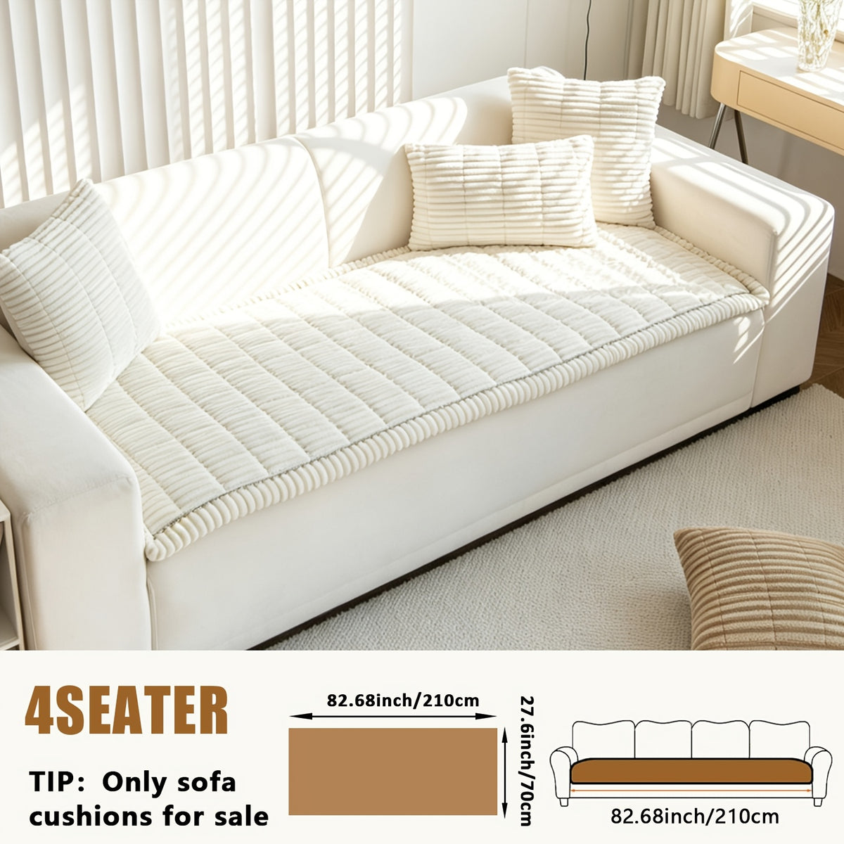 Sofa Cover Plush Velvet - Washable Stretch Couch Cover with Wavy Edge, Soft Shu Velveteen Sofa Protector for 1 2 3 4 Seater, Easy Install Furniture Cover in White Khaki Gray