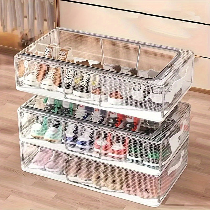 Shoe Storage Boxes Clear 2 Pack - Transparent PVC Stackable Shoe Organizer with Steel Frame & Foldable Design, Space Saving Shoe Rack for Closet Home Dorm Under Bed Organization