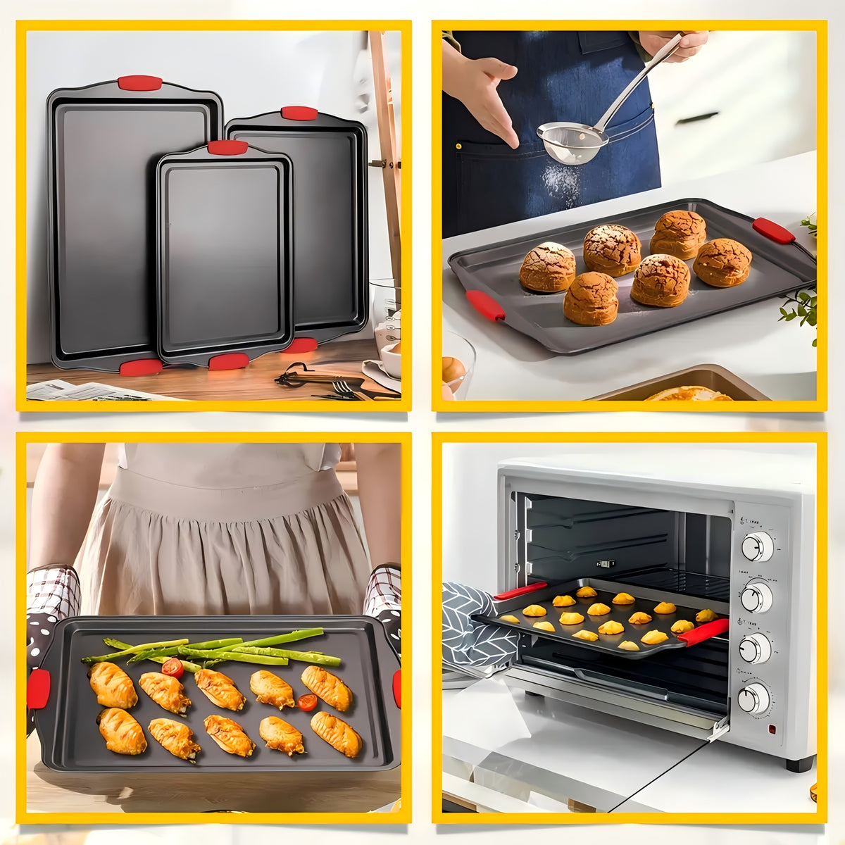 Carbon Steel Non-Stick Baking Pan Set Oven Safe Double-Sided Non-Stick Coating Red Silicone Handle – Commercial Grade Toaster Oven Pan Professional Kitchenware for Baking Roasting Gray