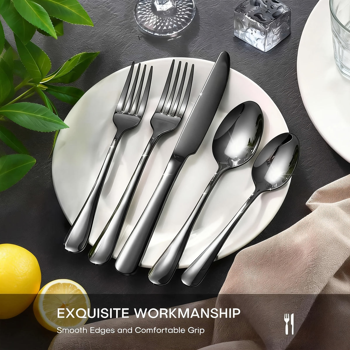 Black Silverware Set 60 Piece Stainless Steel Flatware Set Service for 12 Mirror Polished Cutlery Set Dishwasher Safe Tableware Utensils Knives Forks Spoons for Home Kitchen Restaurant Wedding