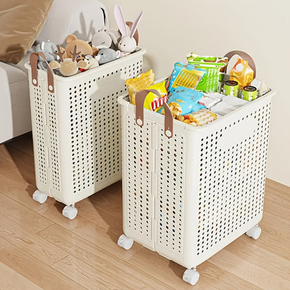 Foldable Laundry Basket with Wheels Large Capacity – Plastic Collapsible Wheeled Hamper for Bathroom, Balcony & Small Apartment, Portable Rolling Laundry Bin in Cream & White